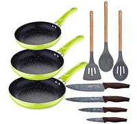 Set 3pc sarten aluminium pressé vert avec ensemble 3pc ustensiles de cuisine silicone bois avec ensemble 4pc couteaux acier inoxydable