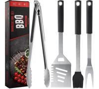 Set 4 accessoires barbecue inox - spatule fourchette pinces brosse coffret cadeau ustensiles grillade robustes pour extérieur et