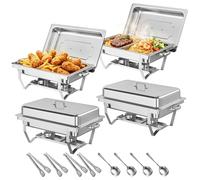 Set 4 Chafing Dish pour Buffet en Acier INOX | 9QT par Unité | 2 Plats Full-Size & 4 Half-Size | Pliable & Compatible Lave-Vaisselle | 64 cm pour 32+ Personnes | Fêtes, Mariages & Catering