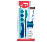 Set 4 pièces Kidy Learn Concentration - Maped - Règle, Tailles-crayons, Gomme, Crayon papier embout relaxant