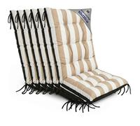 Set 6 coussins dossier haut 50x120 cm, rayures blanc/beige, épaisseur 10 cm, avec attaches, pour chaises et fauteuils de jardin