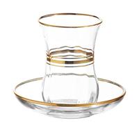 Set 6 Heat Resistant Gold Accents 4oz Turkish Tea Coffee Cups Glasses W/ Saucers by American Chateau
