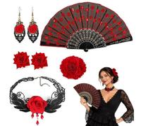 Set 6 Pièces Accessoire Halloween Femme, Flamenco Déguisement Danseuse Espagnole, Grand éventail 65x25cm, 3 pinces à cheveux rose, collier ras du cou dentelle et boucles d'oreilles pendantes rouges