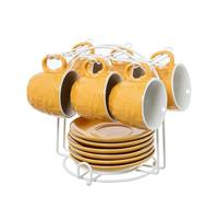 SET 6 TAZAS CAFE C/PLATO CERAM ICA AMARILLA C/SOPORTE METAL B
