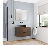 Set 80 cm : plan vasque blanc mat + meuble assemblé certifié FSC, couleur chêne (CERAMIA-4DW80-S)