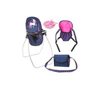 Bayer Design 63654AB Vario Set 9 en 1 avec une poche, un porte-outil, une assiette avec couvert, une chaise haute, accessoires pour poupée, bleu rose licorne