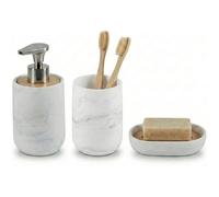 Set Accessoires Salle de Bain - Kook Time - 3 Pièces avec Distributeur Savon, Gobelet et Porte-savon - Effet Marbre et Bambou