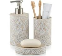 Set Accessoires Salle de Bain Kook Time DAMASK - 3 Pièces - Distributeur Porte-Brosse et Savon - Motif Floral - Crème