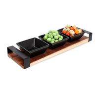 Set apéritif avec plateau en bois et 3 bols noirs en grès