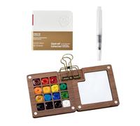 Set Aquarelle Miniature, Palette d'Aquarelle Portable avec 15 Cases - Boîte en Bois pour Voyage, Kit Artistique Compact avec Papier Aquarelle, Pinceaux, Clip & Carnet de Croquis (sans Couleurs)