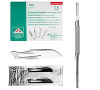 Set avec 100 x lames de scalpel N° 10 - Lame stérile en acier au carbone et 1 x May - manche de scalpel Figure 3 avec manche rond en acier inoxydable