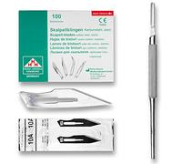 Set avec 100 x lames de scalpel N° 10A - Lame stérile en acier au carbone et 1 x May - manche de scalpel Figure N°3 avec manche rond en acier inoxydable
