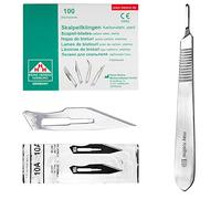 Set avec 100 x lames de scalpel N° 10A - Lame stérile en acier au carbone et 1 x May - manche de scalpel Figure N° 3 en acier inoxydable