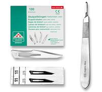 Set avec 100 x lames de scalpel N° 11 - Lame stérile en acier au carbone et 1 x manche de scalpel Figure N° 3 en acier inoxydable