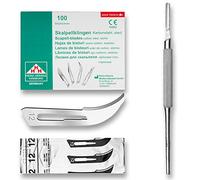 Set avec 100 x lames de scalpel N° 12 - Lame stérile en acier au carbone et 1 x May - manche de scalpel Figure N°3 avec manche rond en acier inoxydable