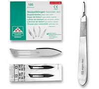 Set avec 100 x lames de scalpel N° 13 - Lame stérile en acier au carbone et 1 x manche de scalpel Figure N° 3 en acier inoxydable
