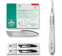 Set avec 100 x lames de scalpel N° 18 - Lame stérile en acier au carbone et 1 x May - manche de scalpel Figure N° 4 en acier inoxydable