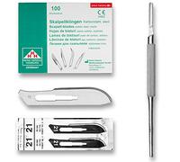 Set avec 100 x lames de scalpel N° 21 - Lame stérile en acier au carbone et 1 x May - manche de scalpel Figure N° 4 avec manche rond en acier inoxydable