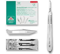 Set avec 100 x lames de scalpel N° 25 - Lame stérile en acier au carbone et 1 x May - manche de scalpel Figure N° 4 en acier inoxydable