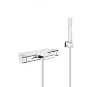 Set bain/douche mitigeur thermostatique cascade + Douchette Stick 1 jet, support mural, flexible, Chrome (34467001-CUBESTICK)