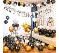 Set Ballons Anniversaire avec Bannière Happy Birthday, Ballons Latex Or Noir Argent, Couronne Dorée, Étoile Argentée, Décorations de Fête 18 Ans (numéro 19)