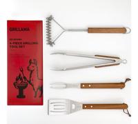 Set Barbecue 4 Pièces, INOX, Manches en Acacia | Pince FeatherTouch, Spatule, Fourchette et Brosse de Nettoyage