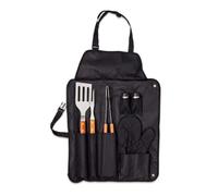 Set Barbecue Professionnel avec Tablier et 7 Ustensiles en Acier Inoxydable Kit Accessoires Grille avec Gant Matelassé Spatule Pince Fourchette Salière et Poivrière Noir