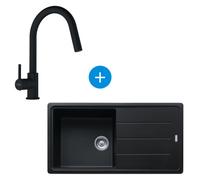 Set Basis Evier 97x50cm avec égouttoir réversible, Fragranit, Noir mat + Mitigeur col de cygne, avec douchette extractible