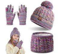 Set Bonnet Écharpe Gants Enfant pour Hiver - Bonnet Chaud à Pompon, Cache-Col et Gants Tactiles en Laine Doublée Polaire - Cadeau Fille Garçon 4-10 Ans - 3 Pièces