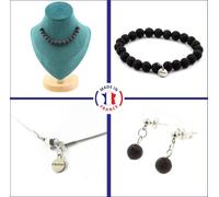 Set bracelet collier boucles d'oreilles chips 15 perles de lave 8 mm chaîne en acier inoxydable