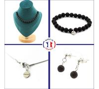 Set bracelet collier boucles d'oreilles chips 20 perles de lave 8 mm chaîne en acier inoxydable