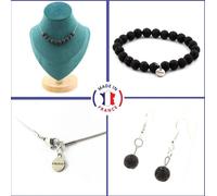Set bracelet collier boucles d'oreilles en forme d'arbre 10 perles de lave 8 mm chaîne en acier inoxydable