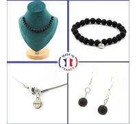 Set bracelet collier boucles d'oreilles en forme d'arbre 20 perles de lave 8 mm chaîne en acier inoxydable