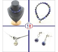 Set bracelet collier boucles d'oreilles puces 15 perles de lapis-lazuli de qualité pakistanaise 5A 8 mm chaîne en acier inoxydable