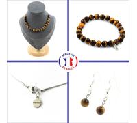 Set bracelet collier pendants boucles d'oreilles 20 perles œil de tigre 8 mm chaîne en acier inoxydable