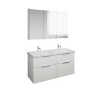 Set burgbad Eqio, composé d'une armoire de toilette à gauche, d'un double lavabo en céramique et d'un meuble sous lavabo, largeur 1230mm, SFAQ123RF6582C0001G0146, Couleur: Blanc mat / Blanc mat, poign