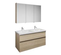 Set burgbad Eqio, composé d'une armoire de toilette à gauche, d'un double lavabo en céramique et d'un meuble sous lavabo, largeur 1230mm, SFAQ123RF3180C0001G0252, Couleur: Décor Chêne Cashmere / Décor