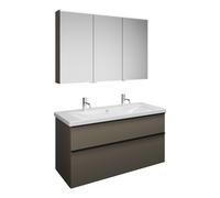 Set burgbad Eqio, composé d'une armoire de toilette à gauche, d'un lavabo en céramique avec 2 trous pour robinetterie et d'un meuble sous-lavabo, largeur 1230mm, SFAO123LF2010C0001G0252, Couleur: Gris