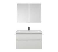 Set burgbad Eqio, composé d'une armoire de toilette, d'un lavabo en céramique et d'un meuble sous-lavabo, largeur 1030mm, SFAN103F6582C0001G0252, Couleur: Blanc mat / Blanc mat, poignée noire mat G025