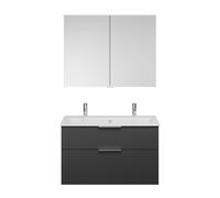 Set burgbad Eqio, composé d'une armoire de toilette, d'un lavabo en céramique Slim avec 2 trous pour robinetterie et d'un meuble sous-lavabo, largeur 1020mm, SHCQ102F6584C0001G0146, Couleur: Gris fonc