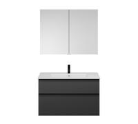 Set burgbad Eqio, composé d'une armoire de toilette, d'un lavabo en céramique Slim et d'un meuble sous-lavabo, largeur 1020mm, SHCP102F6584C0001G0252, Couleur: Gris foncé mat / Gris foncé mat, poignée