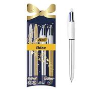Set Cadeau de Noël - 2 Stylos BIC Cristal (Bleu et Noir) & 2 Stylos BIC 4 Couleurs Shine Pointe Moyenne (1 mm) - Édition Spéciale, Pochette Cadeau de 4