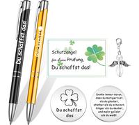 Set Cadeau D'encouragement Stylo De Motivation Pendentif Ange Gardien Porte - Bonheur Feuille De Trèfle Du Schaffst Das Sac En Organza Cadeau Pour Ami Collègue Examen (Noir Et Or, Couleur Acier)