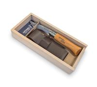 Set Cadeau Opinel n°8 Carbone Personnalisé Gravé avec Étui Cuir et Coffret - Lame Acier Carbone 8,5 cm - Manche Hêtre Verni