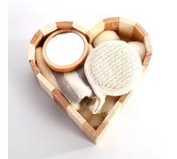 Set Cadeau Spa / Bain 5 Pièces - Coffret en Bois en Forme de Cœur avec Gants en Lin, Gant de Crin en Chanvre, Ours en Serviette et Miroir Rond - Parfait pour Cadeaux Relaxation et Bien