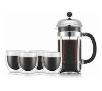 Bodum Set cafetière à piston Chambord K1928-16-2 1 L + 4 verres double paroi Pavina 25 cl argent