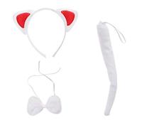Set chatte blanche femme serre-tête oreilles queue nœud déguisement accessoire carnaval halloween costume félin domestique rouge blanc