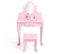 Set Coiffeuse Princesse Enfant en Bois avec Miroir & Tabouret - Table de Maquillage avec Tiroir pour Filles 4-9 Ans - Rose
