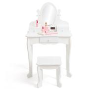Set Coiffeuse Princesse Enfant en Bois avec Miroir & Tabouret - Table de Maquillage avec Tiroir pour Filles 4-9 Ans - Blanc