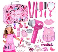 Set Coiffure Enfant Fille Jouet avec Sèche Cheveux Fer à Friser Miroir Peigne Tablier Coiffeur Accessoires de Coiffure Faux Maquillage Malette Coiffure Cadeau Princesse pour Fille 3 4 5 6 7 8 Ans